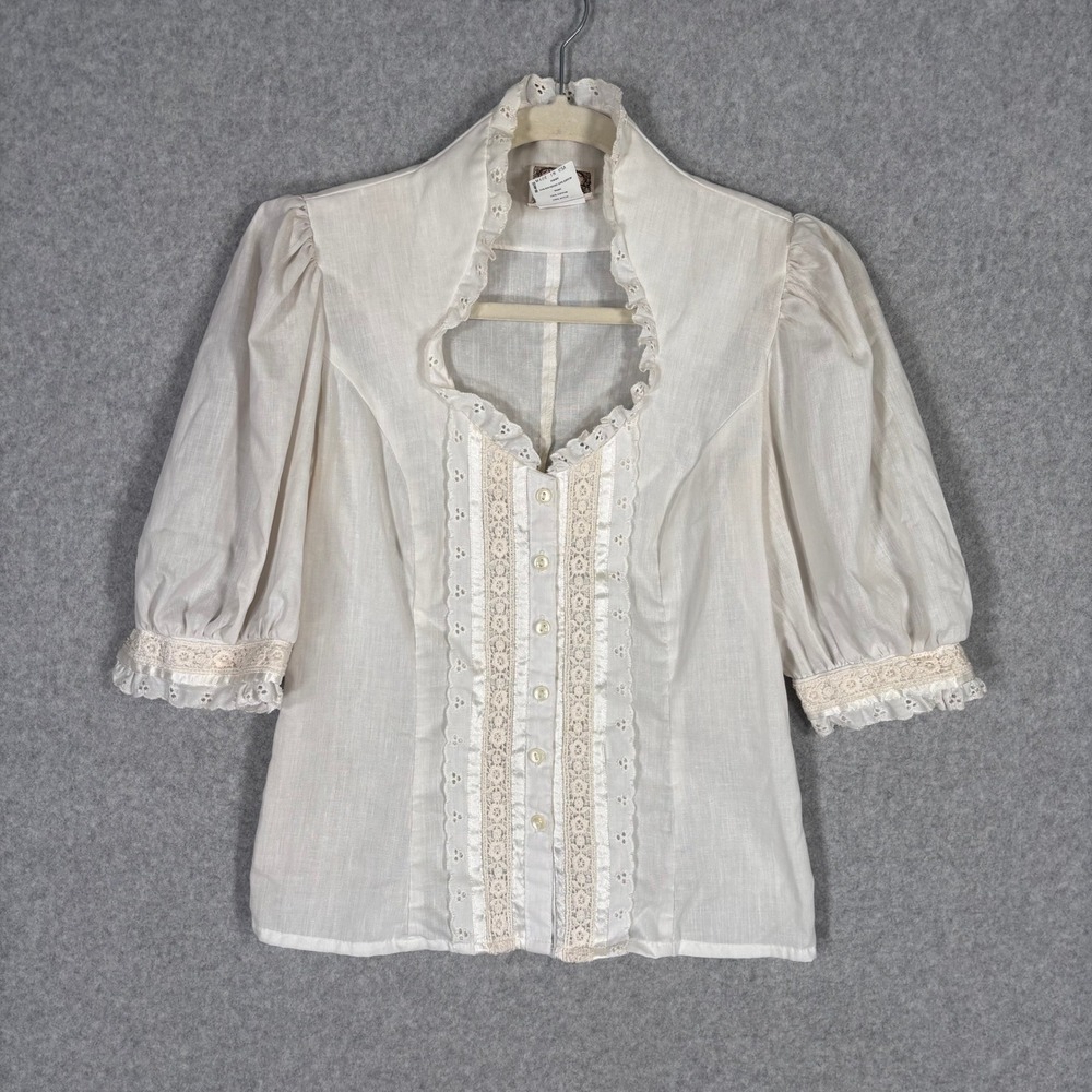 Vintage 70s Gunne Sax Victorian Blouse Size 9 Lace Eyelet Crochet Ruffle Puff